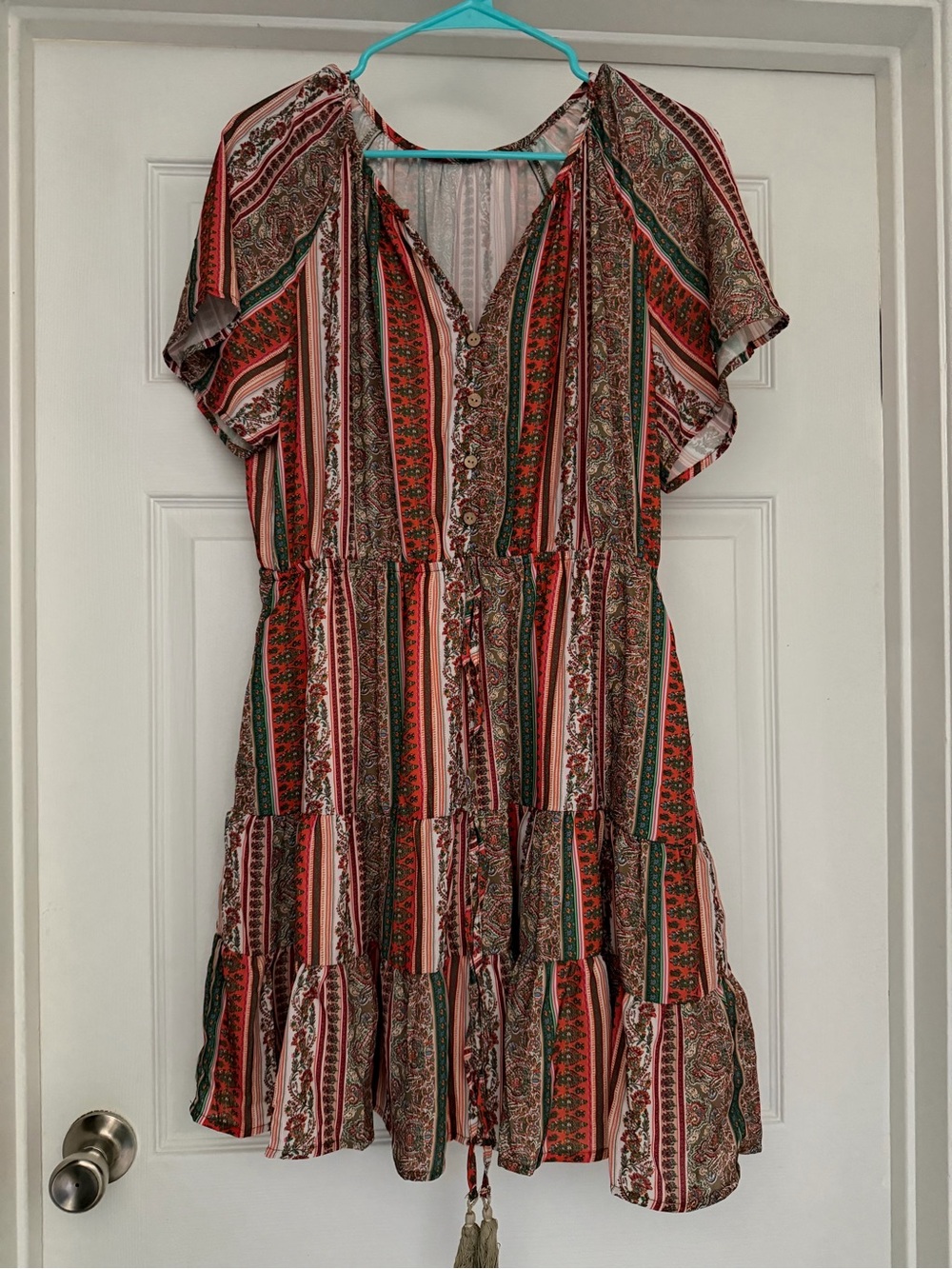Boho Stripe Tiered Short Sleeve Dress in Coral and Green summer sundress